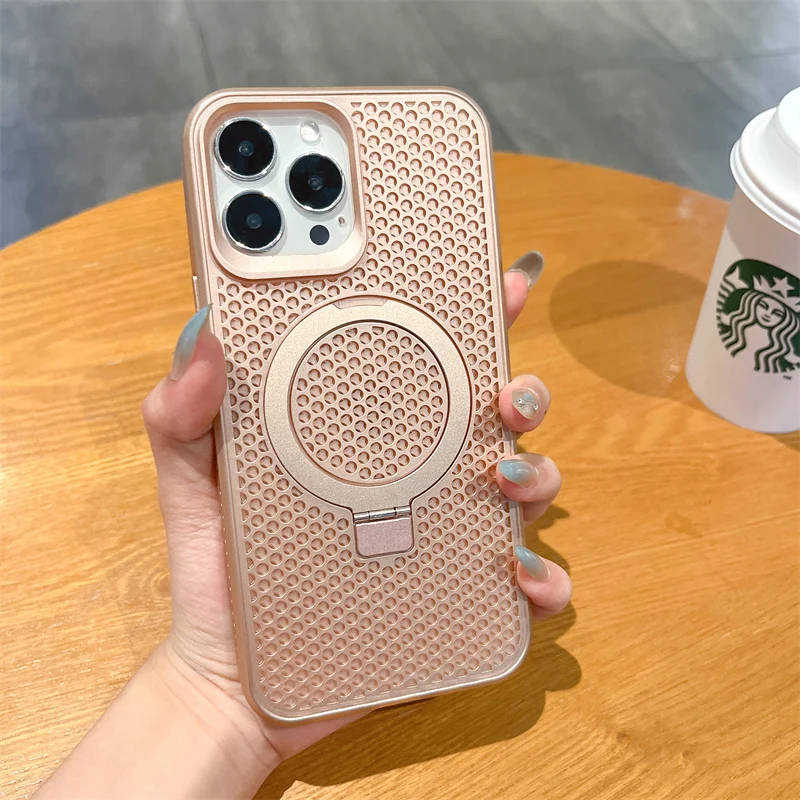 

Luxury Magnetic Bracket Phone Case For iPhone 15 14 12 13 11 Pro Max Breathable Mesh Phone Accessories