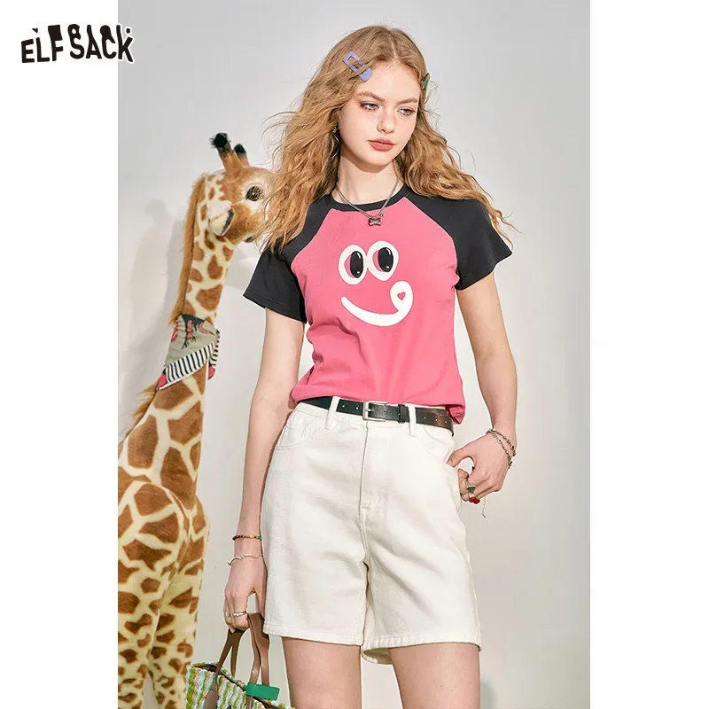 ELFSACK Shoulder blocking color front shoulder short sleeved T-shirt for women's  small short top
