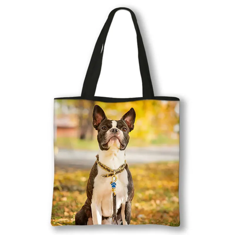 Cute Beagle Boston Terrier Dog Print Shoulder Bag Women Bichon Frise Shopping Bags Fashion Reusable Tote Bag Canvas Shopper Bags