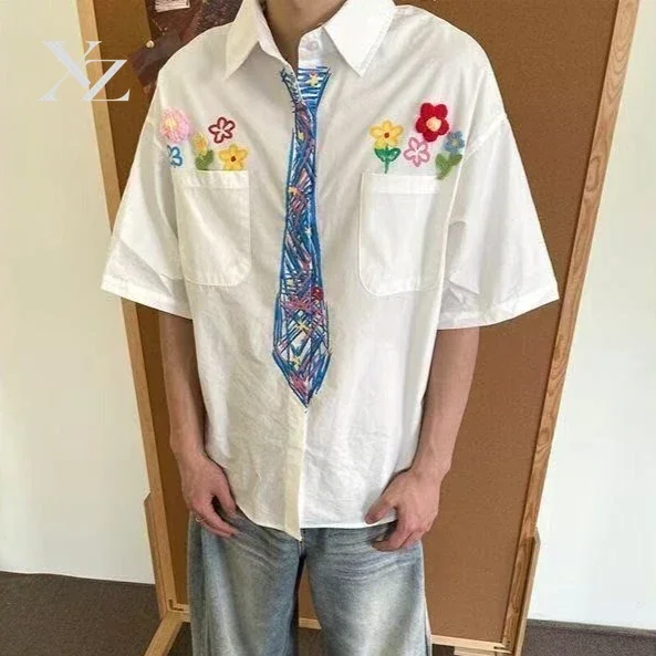 90s Retro Y2K Tee Hand Painted Floral Embroidery Pop Art Tie Print Distressed Cotton Oversized Skate Button Shirt high Street