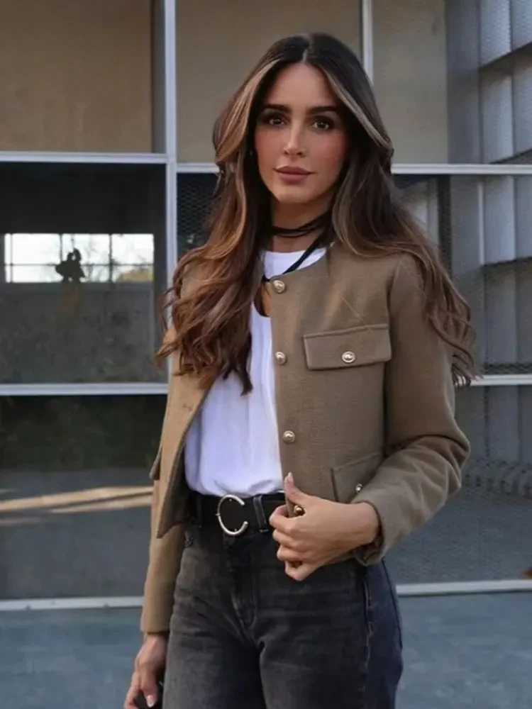 

Women's Vintage Solid Cropped Jacket Coat O-neck Long Sleeve Single Breasted Casual Elegant Overcoat Fall Winter New Chic Coat
