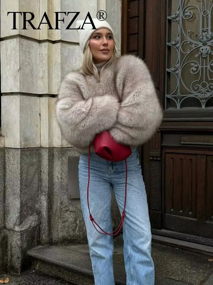 HH Vrouwen Mode Effen Nepbontjas O Hals Lange Mouw Cropped Jas Herfst Winter Vrouwelijke Mode High Street Bovenkleding