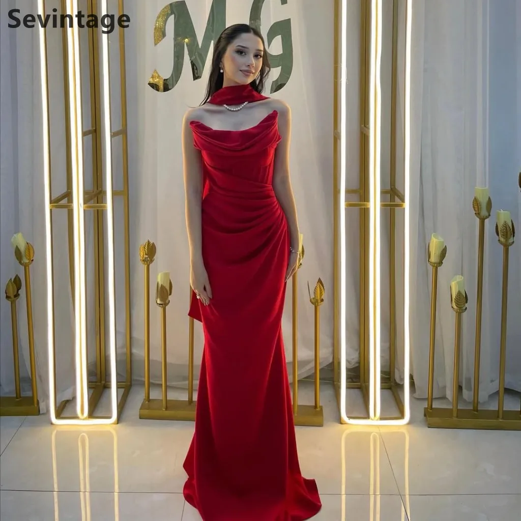 فستان سهرة بحورية البحر باللون الأحمر من Sevintage 2025 مع لف بدون حمالات فستان رسمي للحفلات الراقصة في دبي مخصص