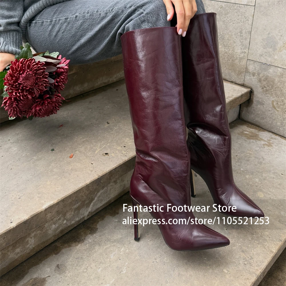 Botas de Tacón Puntiagudo con Superficie Metálica Arrugada, Botas de Media Pantorrilla, Parte Superior de Cuero Sintético Metálico Dorado Brillante, Caña Alta Recta.