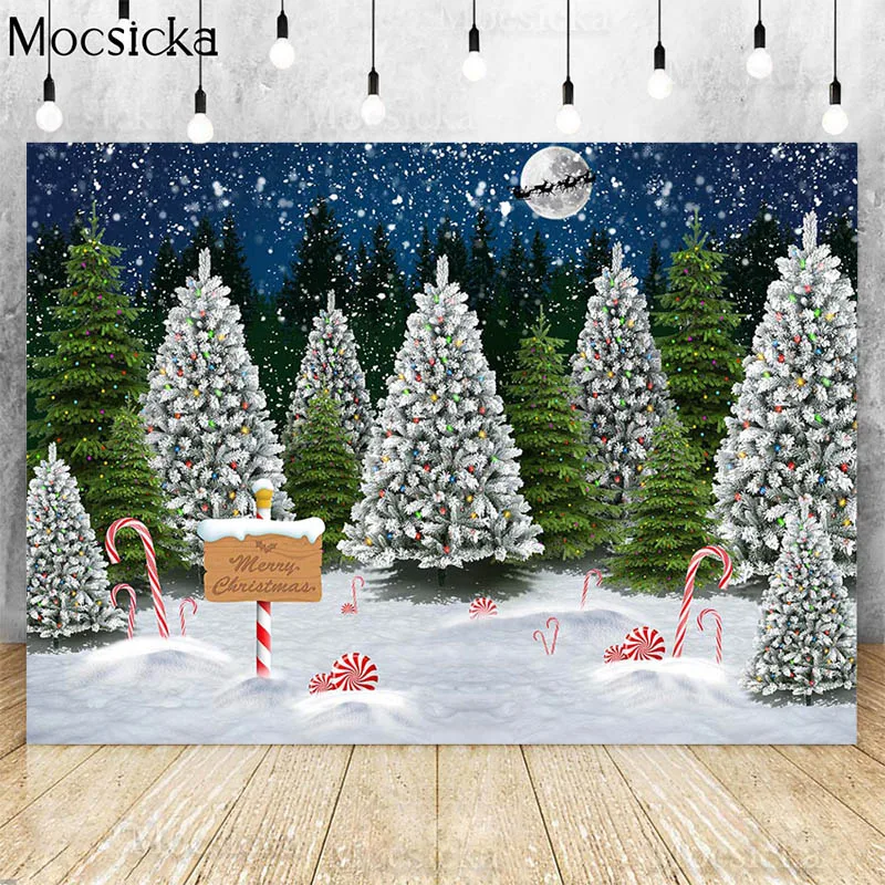 Mocsicka Christmas Tree Farm Photography Backdrop Starry Sky Forest Winter Xmas Holiday Famliy Portrait Background Photo Studio