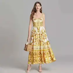 Runway Summer Holiday Floral Maxi Dress Women Spaghetti Strap V Neck Backless Blue White Porcelain Print Vacation Long Dresses
