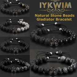 Natural Stone Gladiator Black Bracelets Labradorite Obsidian Agates Lava Beads Jewelry For Men Adjustable Beaded Bracelet 8MM