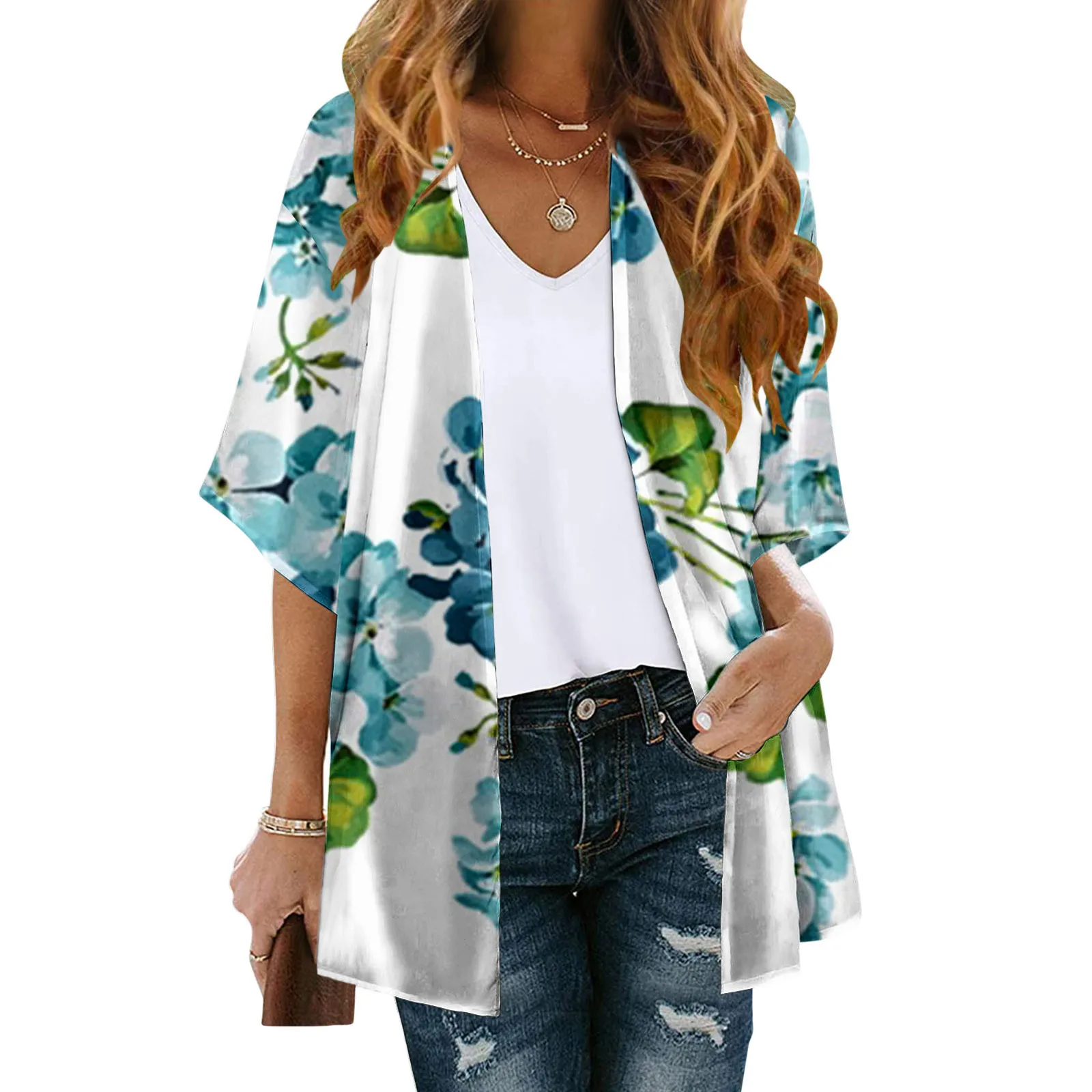 Women Floral Print Three Quarter Sleeve Kimono Cardigan Loose Cover Up Casual Blouse Tops