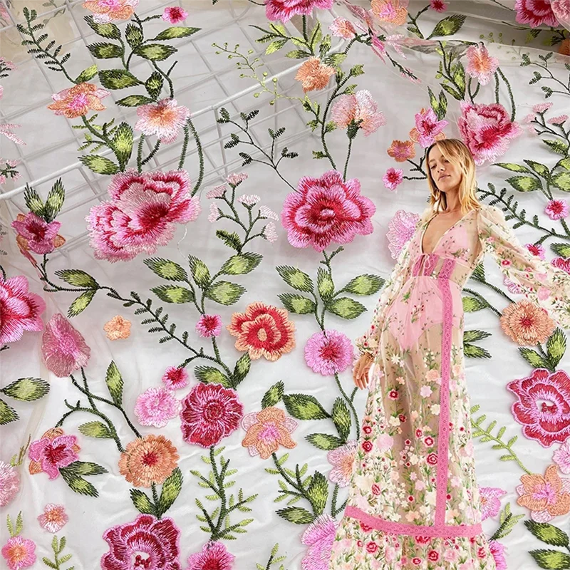 Nuevo Producto, tela bordada de malla rosa, planta de otoño, vestido de noche, tela de encaje, ropa, vestido DIY, tela de encaje