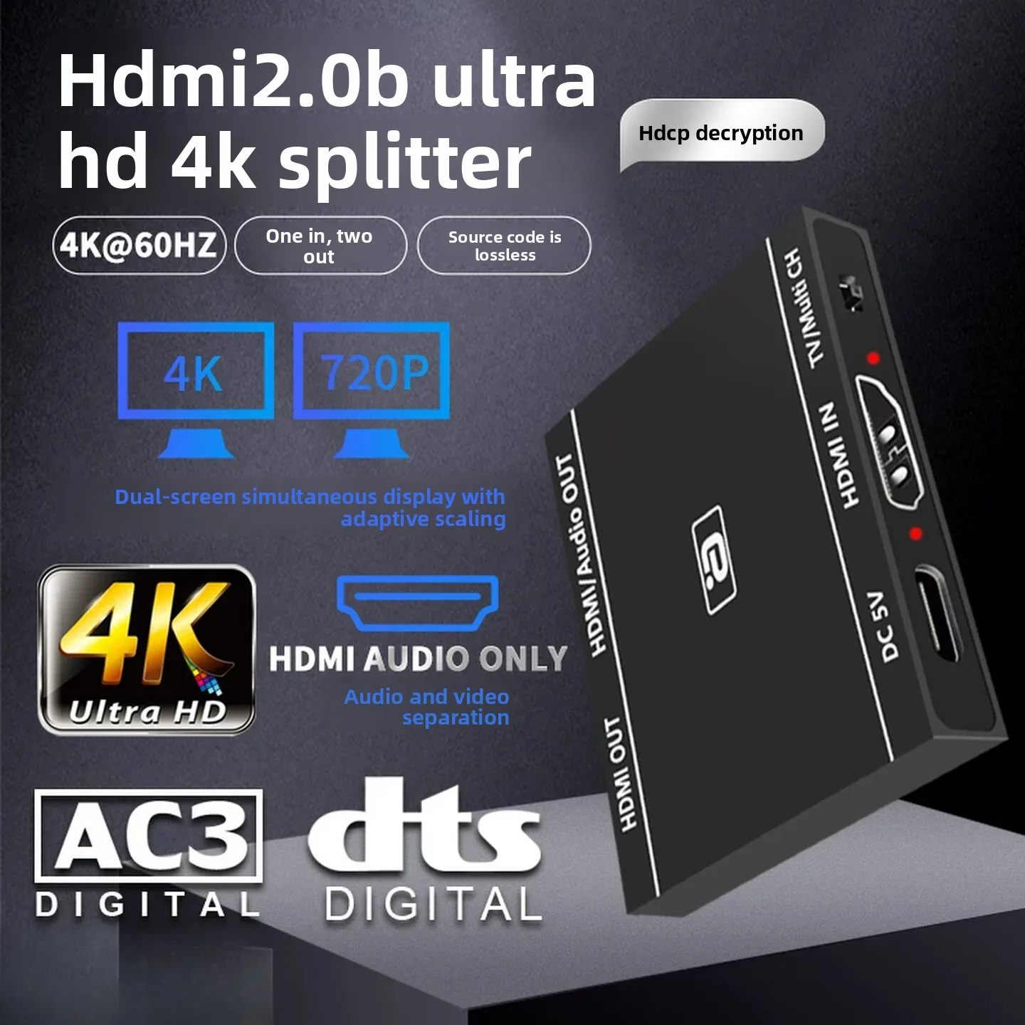 Hdmi 2.0b splitter - 1 input, 2 output with hdcp 2.3 decryption, 4k mirroring/scaling, and 7.1 audio extraction