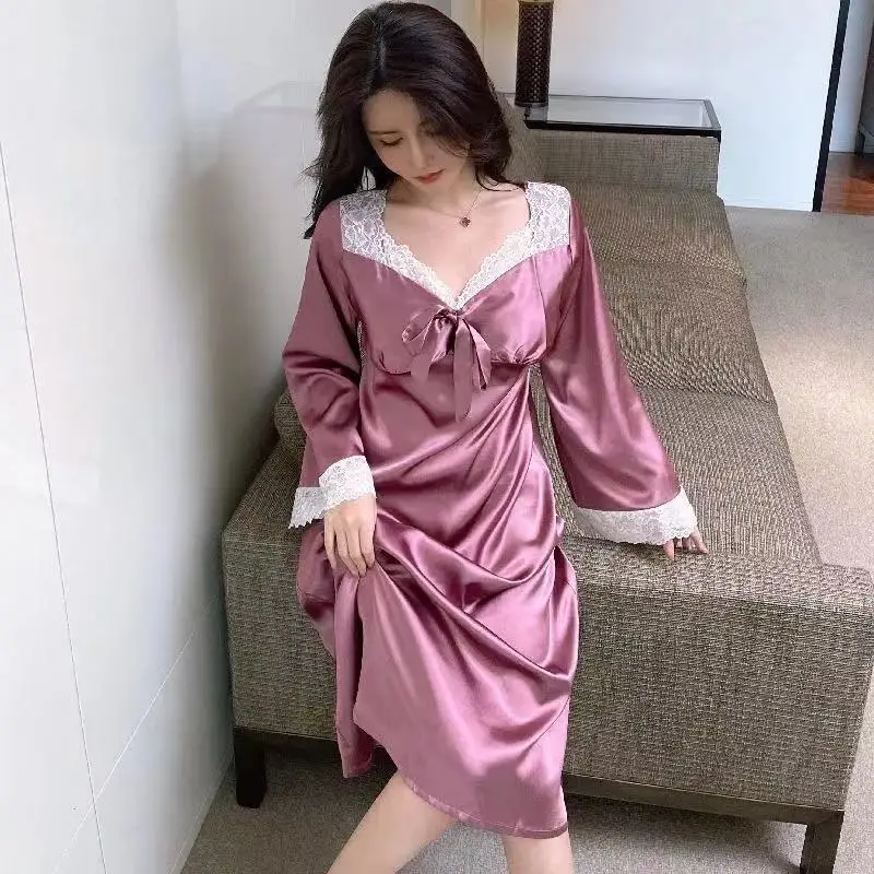 Princess Style Nightdress Women Spring Summer Ice Silk Long Sleeve Sweet Lace Plus Size Pajamas Long Dressing Gowns Sleepshirts