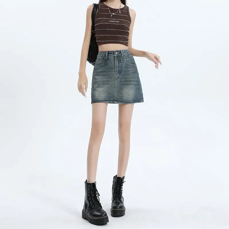 여름 다목적 짧은 스커트 여성 패션 섹시 슬림 하이 웨이스트 랩 힙합 미니 스커트 여성 한국어 세련된 포켓 a 라인 데님 스커트