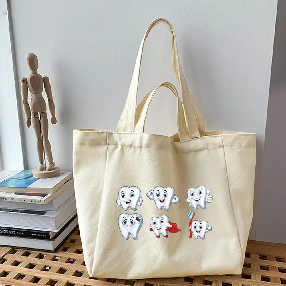 Canvas Shopping Bag Female Teeth Series Shoulder Bag Women New Eco Handbags Tote Reusable Grocery Shopper Bags Students Book Bag