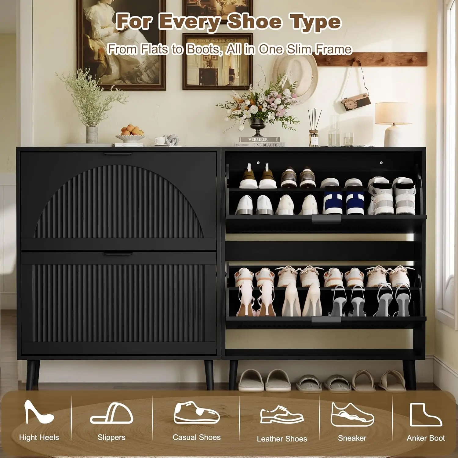Shoe Shoe Storage Cabinet with 2 Flip Drawers, Narrow Wood Shoe Organizer Cabinet with Fluted Panel, Slim Shoe Rack for, Customized - Aliexpress Deal