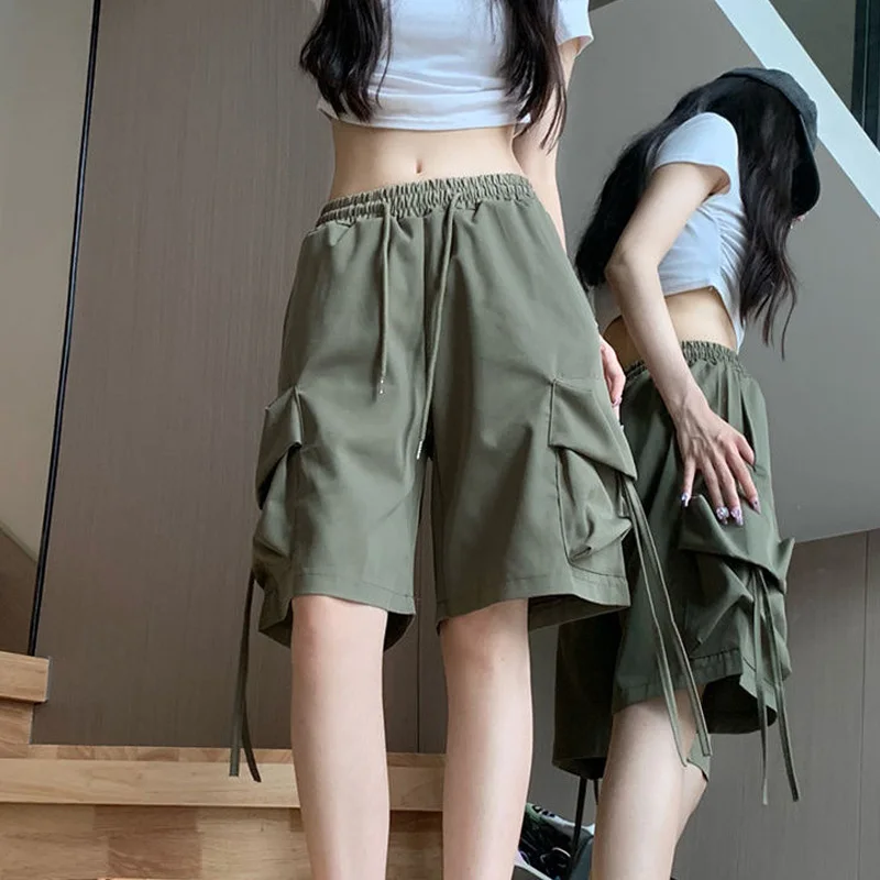 New Solid Women's Clothing Fashion Cargo Summer Loose Preppy Style Elastic Waist Straight Trousers Ladies Trend Wide Leg Pants