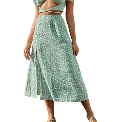 2024 summer women's new style European and American floral skirt slit A-line hip-hugging long skirt