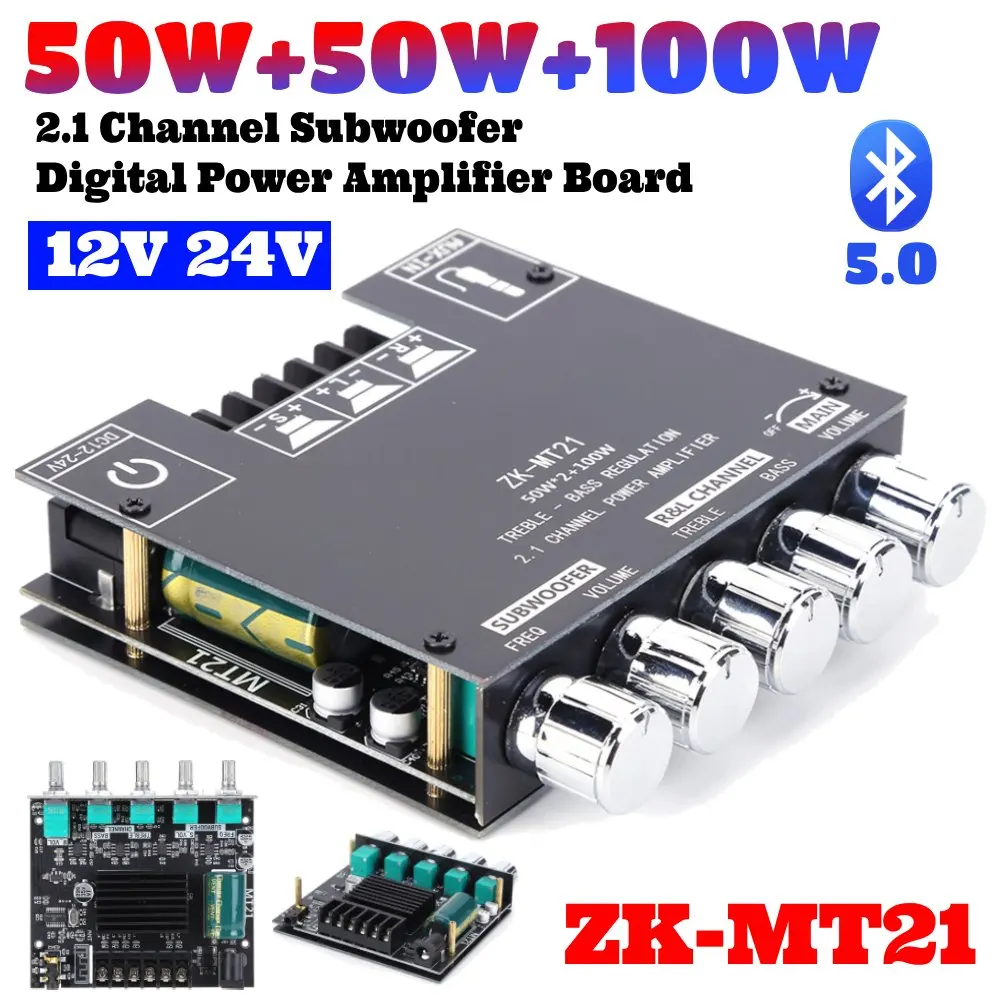 

ZK-MT21 Bluetooth 5,0 Bass Ampf 2,1-канальный сабвуфер, цифровой усилитель мощности, плата AUX 12 В, 24 В, аудио стерео 2x50 Вт + 100 Вт