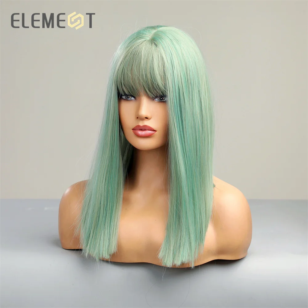 Element Synthetic Straight Green Bob Wigs with Bangs for White Black Women Cosplay Lolita Party Synthetic Blunt Cut Fake Hair