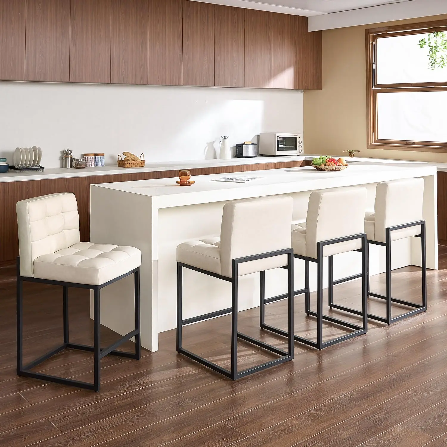 

Modern Counter Height Bar Stools Set of 4,25 inch Checkered Wiring Thick Upholstered Barstools with Back Sturdy, Customized