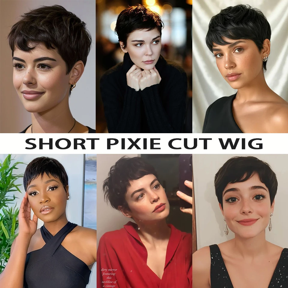 شعر مستعار أسود قصير مستقيم بقصة عابث للنساء، شعر بشري برازيلي، نمط عصري، مصنوع آليًا بالكامل، شعر مستعار يومي متعدد الاستخدامات #6