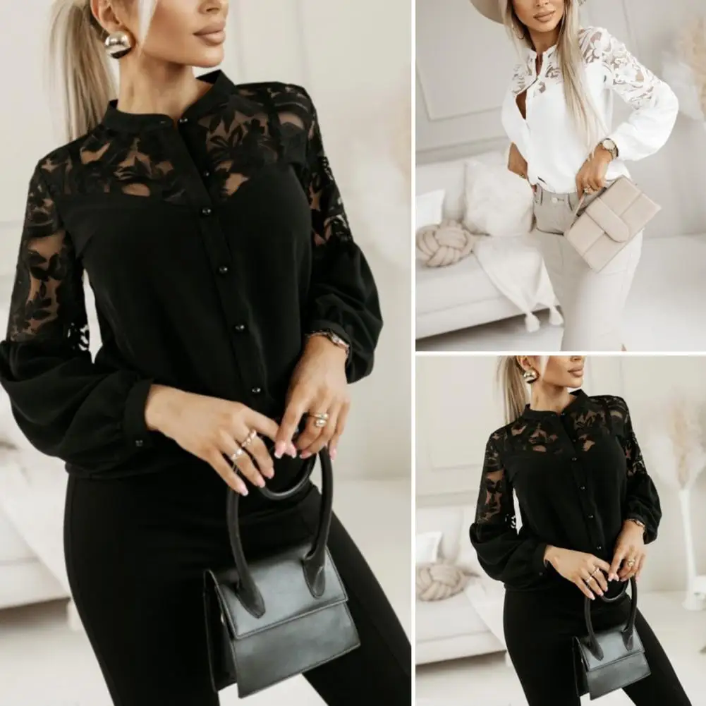 Women White Long Sleeve Lace Blouse Sexy Big size Lace Shirt Korea Style Elegant Pearl Button Flower Blouse OL Office Outfit Top