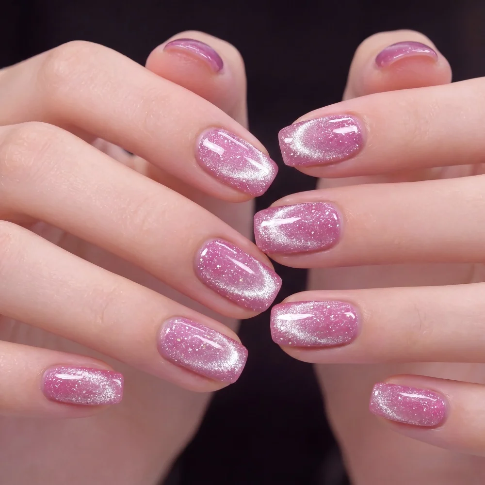Visuatia Cat Eye Gel Polish features a rose pink base color combined with fine iridescent magnetic powder. When you rotate your finger, it reveals a variety of shimmering effects. The color is even and rich, compatible with UV and LED curing lamps. It has strong adhesion and is not easy to peel off, making it suitable for various nail art occasions such as dates and parties.