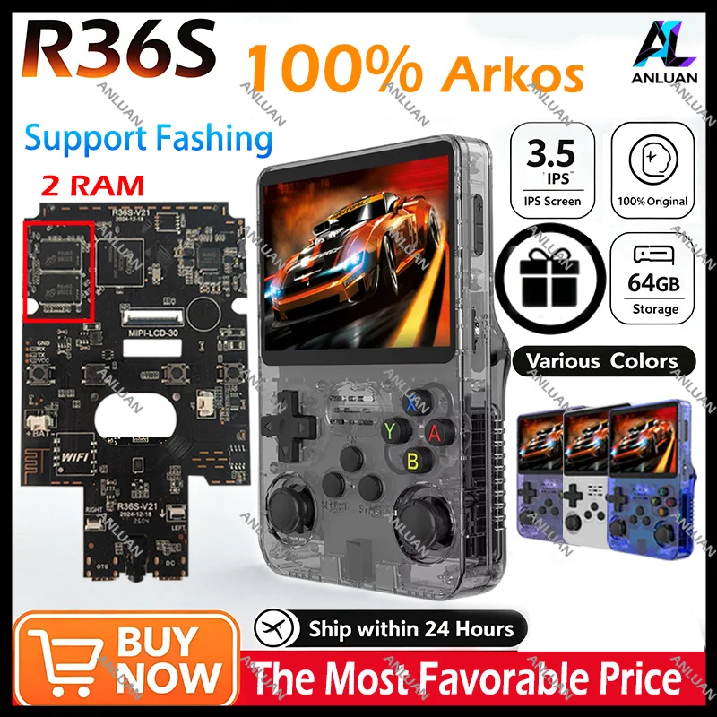Console de jeu vidéo portable rétro authentique R36S, système ARKOS, écran 3,5 pouces, émulateur de poche portable, lecteur de jeux, 64/128 Go, cadeau pour garçon