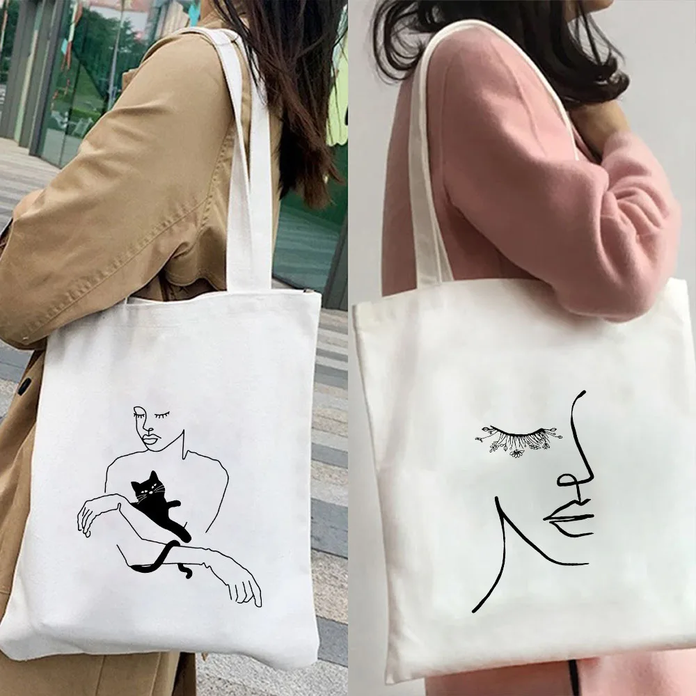 Aesthetic Line Woman Face Art Minimalist Girl Lady Beauty Eye Flower Fashion Canvas Shoulder Shopper Cotton Handbag Eco Tote Bag