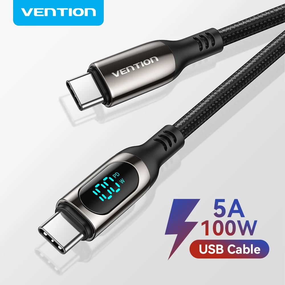 Кабель Vention PD 100 Вт с цифровым дисплеем типа C к USB C 5A для Xiaomi MacBook iPhone 16 15 Зарядное устройство для быстрой зарядки Провод USB C