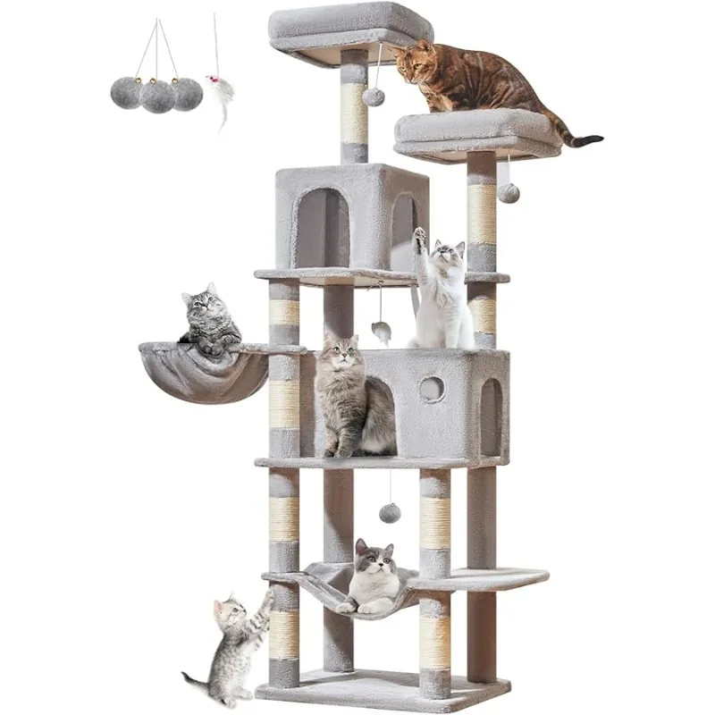

Taoqimiao Large Cat Tree，73-Inch Cat Tree Tower with 9 Scratching Posts for Indoor Cats, 2 Large Cat Condo with Hammock, Hanging