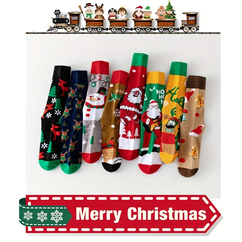 8 Pairs Men/Women Socks Christmas-Themed Designs with Santa, Reindeer, Snowflakes Mid-Calf Socks Autumn Winter Warmth Comfort
