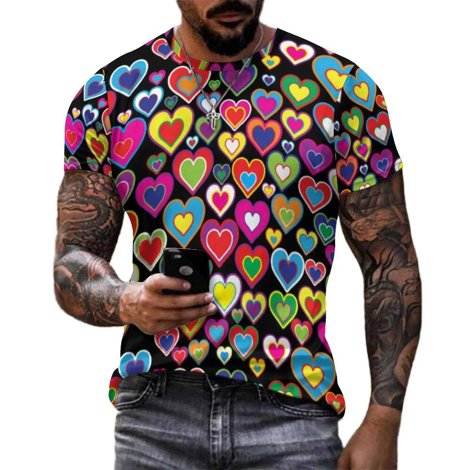 Rainbow of Hearts T-Shirt Fun Vibrant Art Print Vintage T Shirts Men Y2K Casual Tshirt Summer Short Sleeve Design Tees Plus Size
