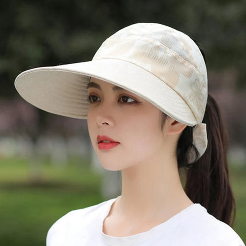 Summer Sun Hat Flower Printed Visor Caps Female Scalable Brim Empty Top Baseball Cap UV Protection Beach Outdoor Sun Hats Women