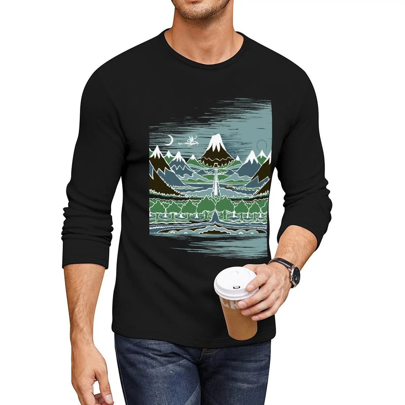 A Halflings journey on a mountain path through an elven wood in the style of J.R.R.Tolkien Long T-Shirt