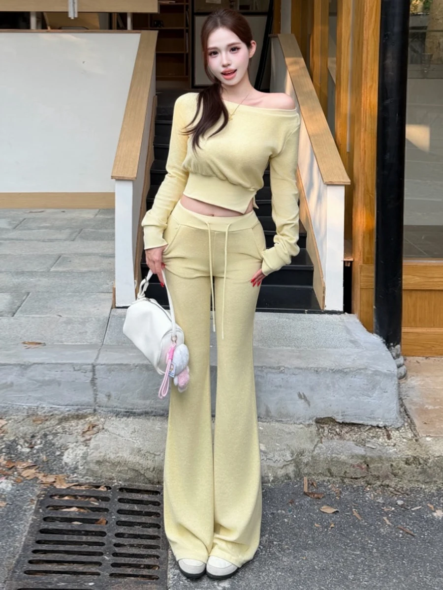 Casual Fashion Sexy Side Shoulder Design Small Slit Hooded Long Sleeve Slim Wide Leg Straight Long Pants Set for Women