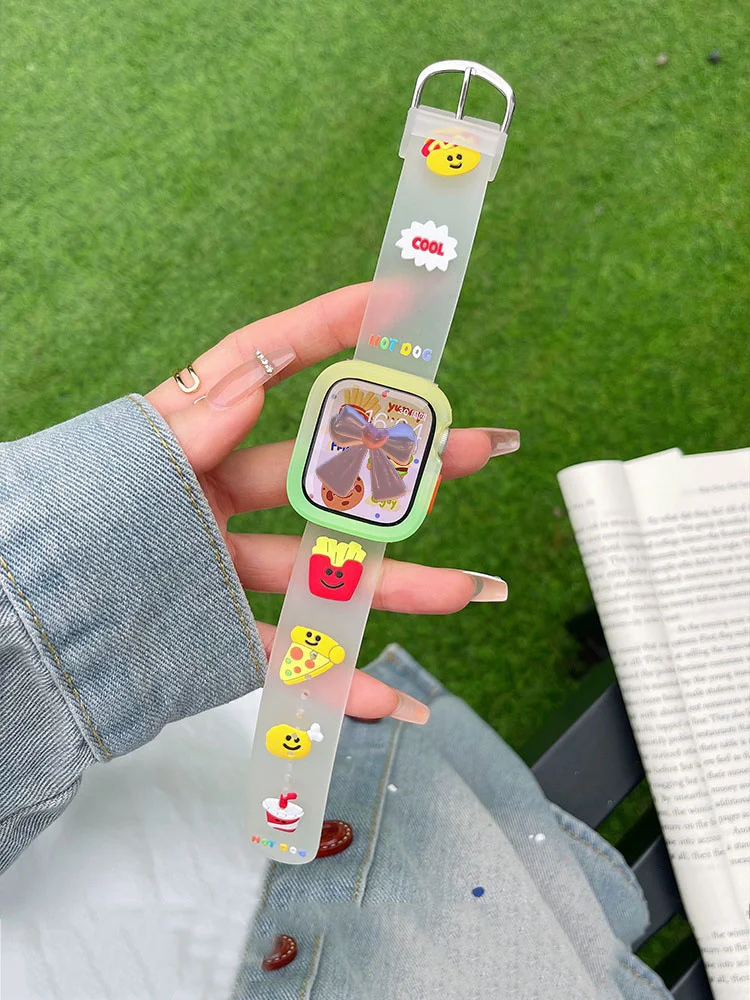 Cartoon Cute Funny Strap+Case For Apple Watch Band Ultra2 49mm 45mm 44 41 Correa Clear Silicone Band For Iwatch Series 9 8 SE 7