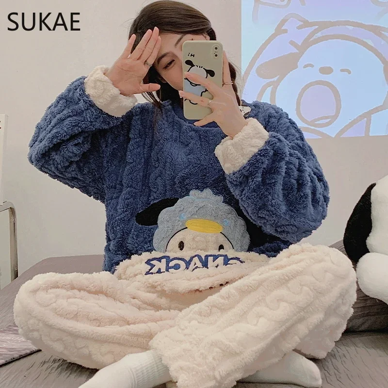 SUKAE HQ Chinese Thick Velvet Winter Women Thermal Pajamas Set Long Sleeves Pijamas Pink Bear Preppy Sleepwear Korean Pyjamas