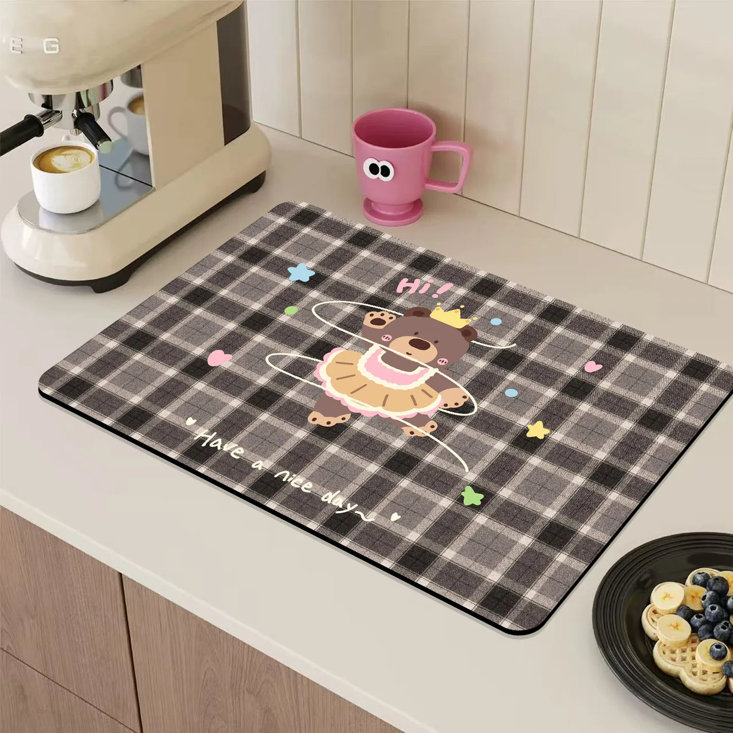 VIKAMA ballet bear crown dancing countertop protector mat grey plaid vintage cute kitchen countertop absorbent non slip pad