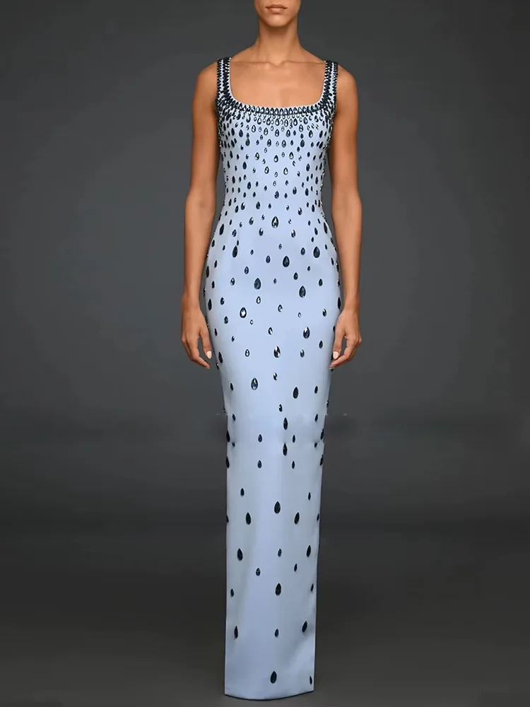

HIGH STREET Newest Fashion 2025 Designer Party Vestido Women's Diamonds Beading Sleeveless Tank Long Dress