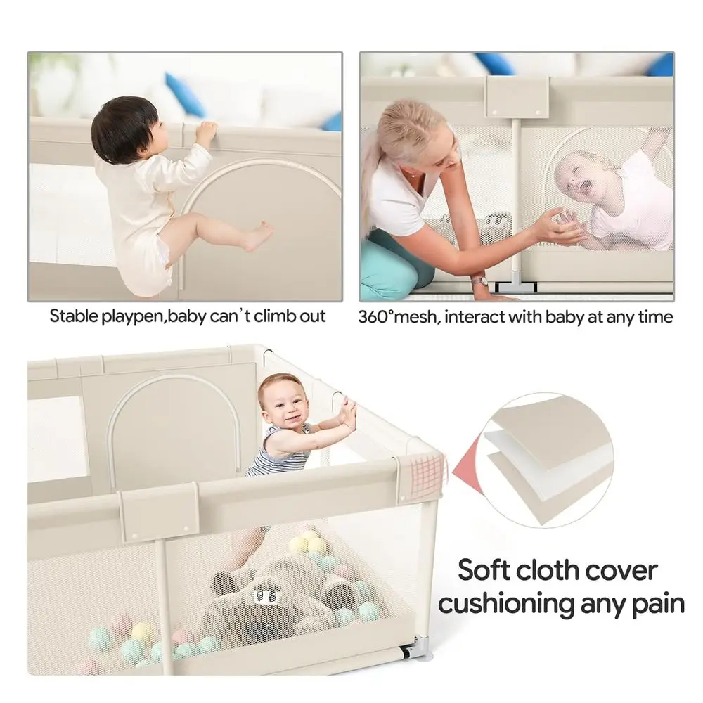 Beigefarbener 47x47-Zoll-Laufstall für Babys und Kleinkinder mit Zugring, Spielcenter und Sicherheitszaun