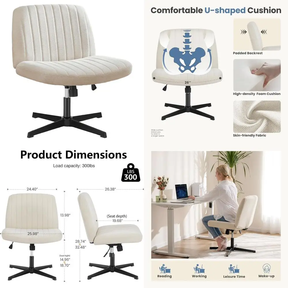 

Adjustable Swivel Fabric Chair for Home Office Desk, Armless, Comfortable, Beige