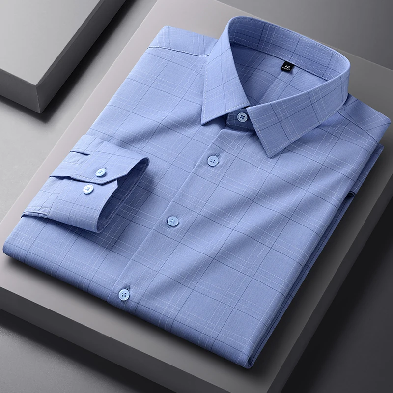 Classic Plaid Striped Shirt Men Modal Men's Long Sleeve Shirt White Easy-care Casual Business Formal Long Sleeve Shirt for Men