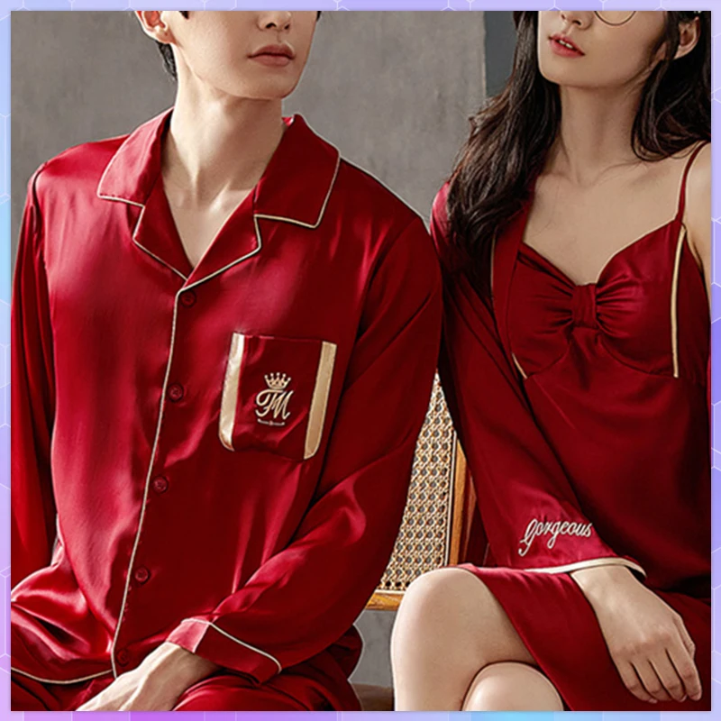 

Red Sexy Lace Women's Pajamas Set Rayon Silk Pyjamas Sets Couple Sleepwear Casual Pijama Lover Nightgowns Men Women Home Suit