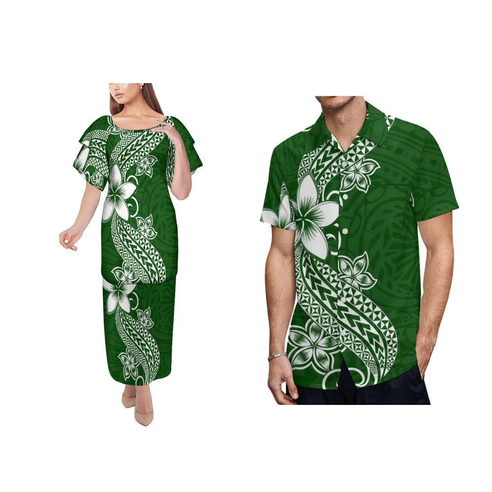 Casal vestido de banquete personalizado samoa clube moda casal conjunto vestido camisa projetada em padrão de impressão polinésia tradicional