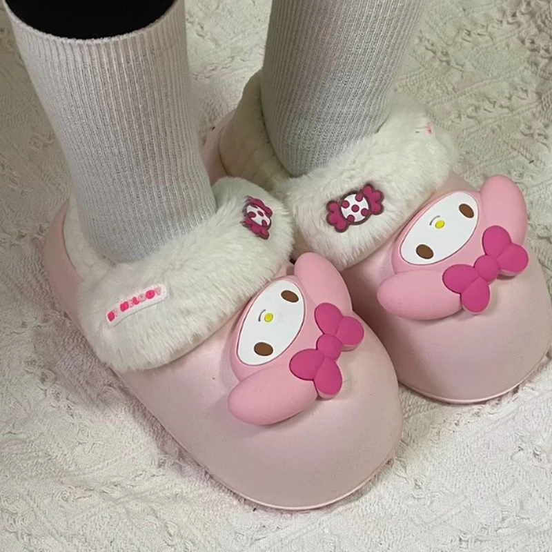 Miniso Sanrio Cotton Slippers Yk2 Kuromi Cinnamoroll Women Winter Plush Non Slip Girl Cute Flat Shoes Slippers Girl Gift