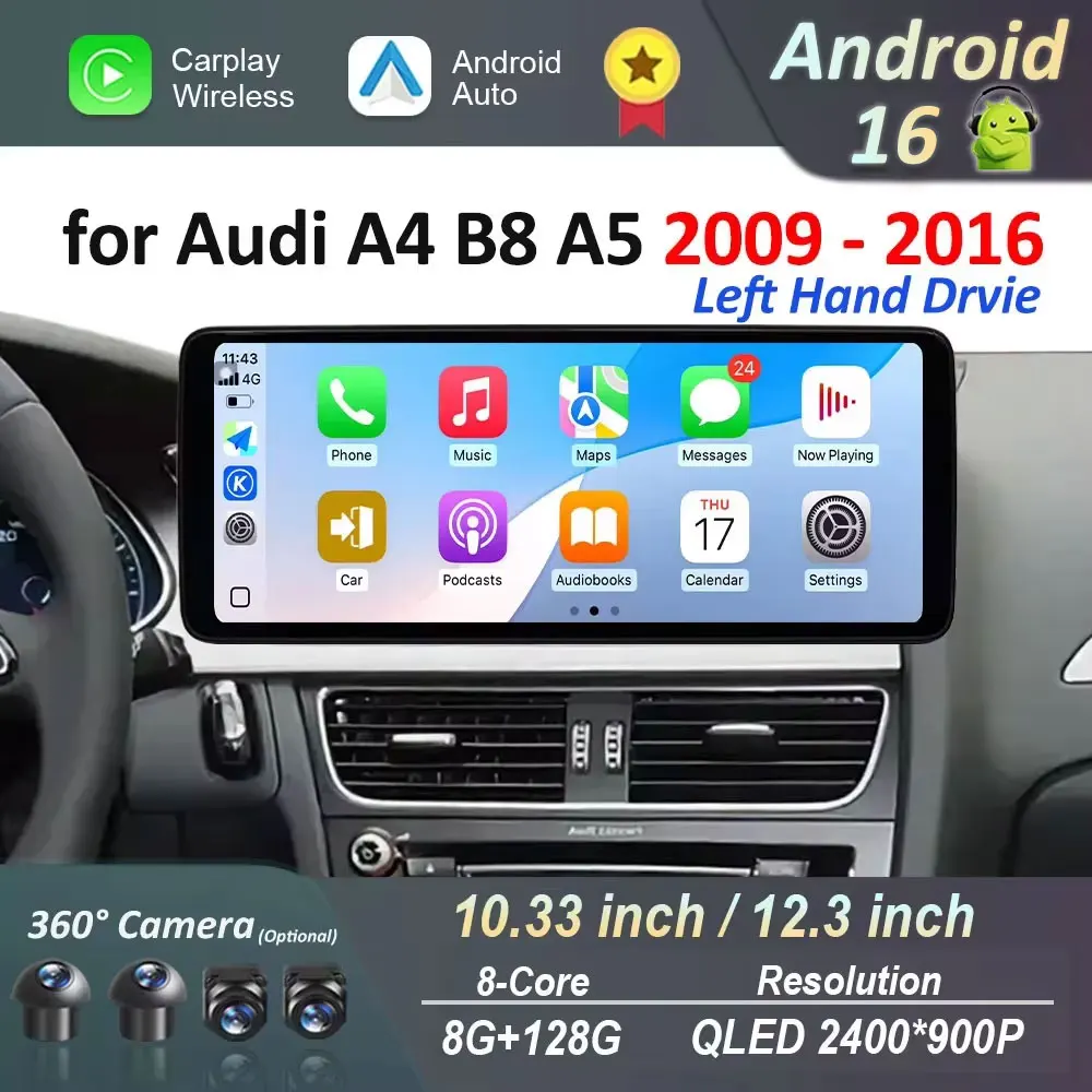 

Android 16 Left Hand Drvie for Audi A4 B8 A5 2009 - 2016 Car Radio Video Player Carplay Navigation GPS 4G QLED Touch Screen