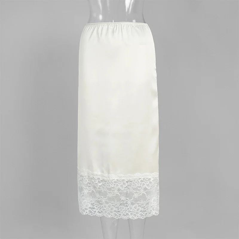 레이스 스플라이스 스커트 여성 우아한 새틴 하이웨이스트 롱 스커트 오피스룩 여름 2025 패션 신상 솔리드 여성 스커트