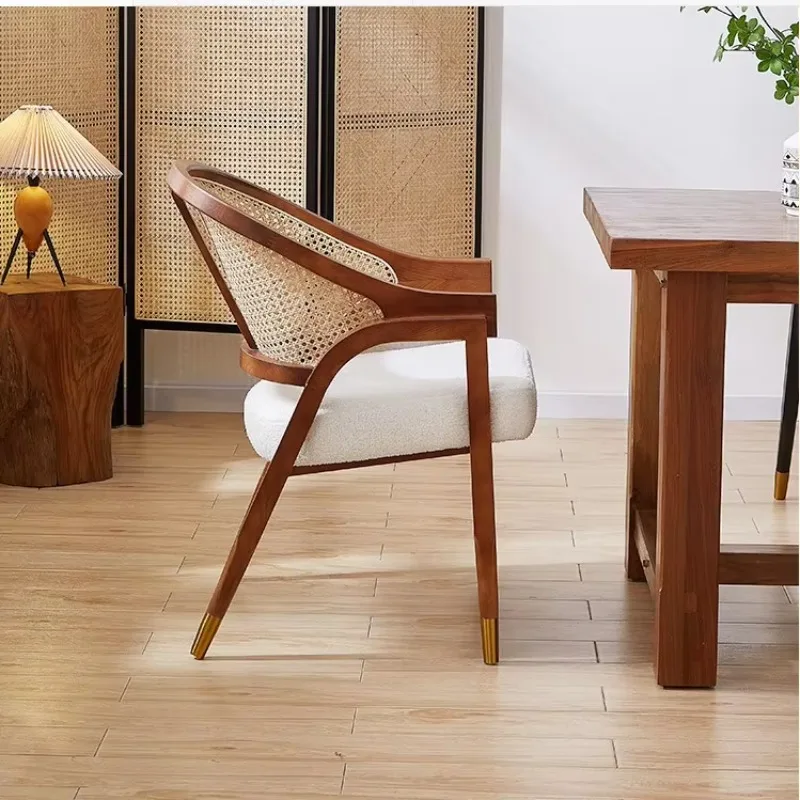 Nordic Modern Simplicity Solid Wood Rattan Leisure Dining Chair Cafe Restaurant Soft Bag Armchair Single