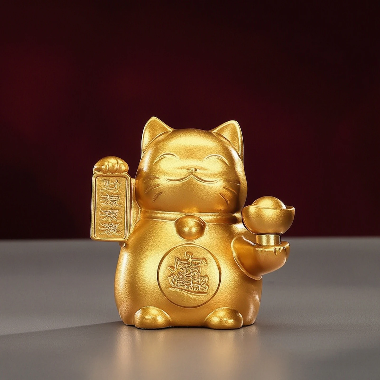 Maneki Neko with Gold Ingot Brass Maneki Neko Cat Figurine with Ingot Wealth Sculpture Cute for Business Owners, Cashier Counter