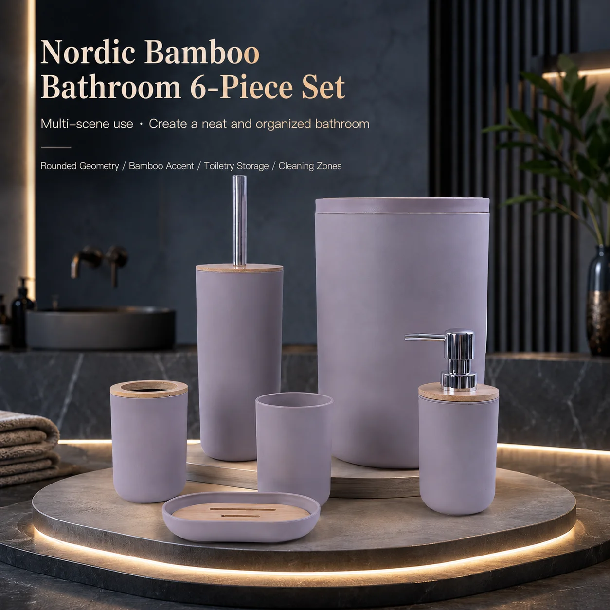 6Pcs Plastic and Bamboo Design Bathroom Accessories Set Soap Dispenser Toilet Brush Trash Can Bathroom Cleaning and Toiletries